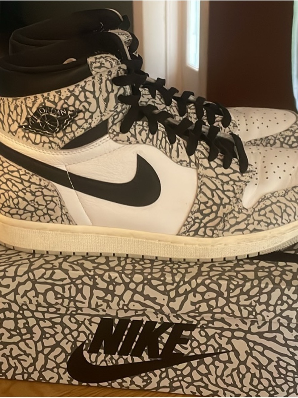 Jordan High-Top Sneakers in White, Black & Gray Elephant Print - Picture 4 of 4